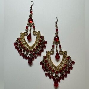 Large Red and Gold Chandelier Earrings
